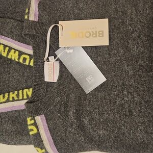 Exquisite Women's Gray Brodie Cashmere Sweater Neon Drink UP Ski DOWN - BNWT